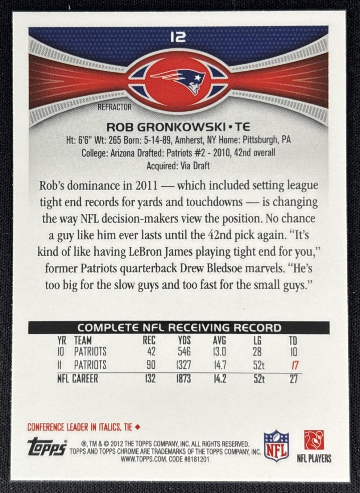 Rob Gronkowski 2012 Topps Chrome Xfractors Patriots back
