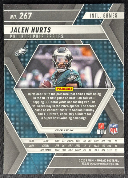 Jalen Hurts 2025 Mosaic International Games Reactive Purple Prizm Eagles Sports Trading Cards