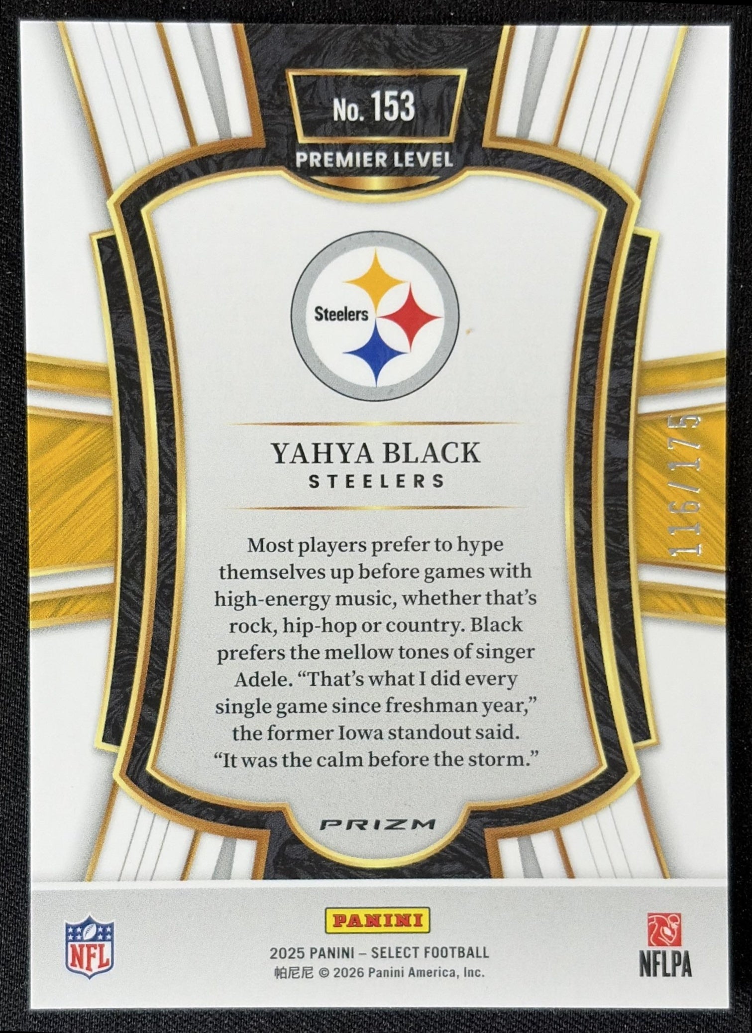 Yahya Black 2025 Panini Select Premier Level Blue Prizm /175 Steelers back
