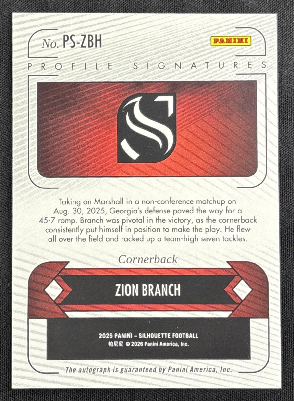 Zion Branch 2025 Panini Silhouette Profile Signatures Holo Gold /99 Bulldogs