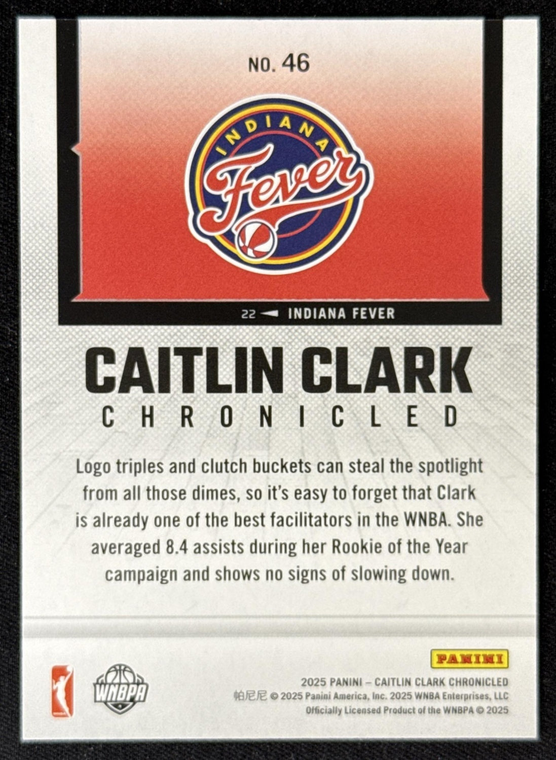 Caitlin Clark 2025 Panini Chronicled WNBA Fever 46 Sports Trading Card
