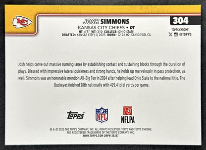Josh Simmons 2025 Topps Chrome Rookie Pulsar Refractor Chiefs Sports Trading Cards