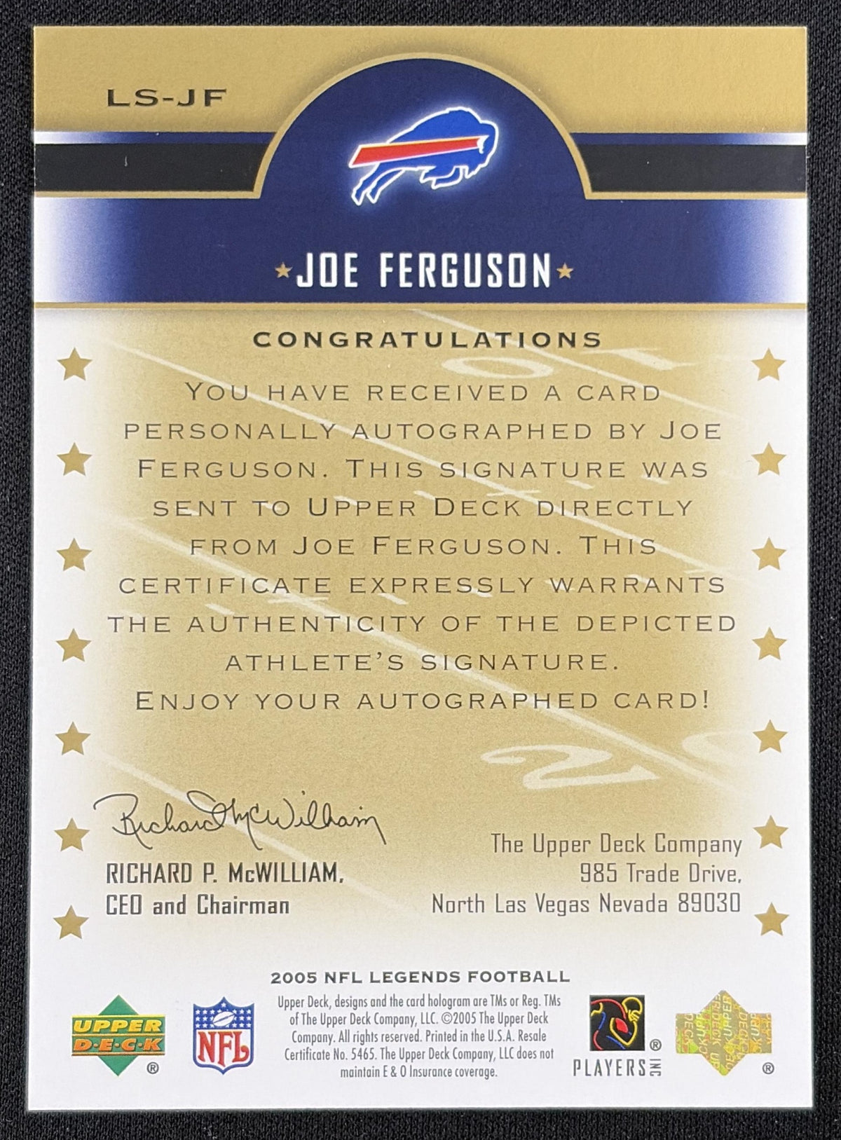 Joe Ferguson 2005 Upper Deck Legends Legendary Signatures Bills Sports Trading Card
