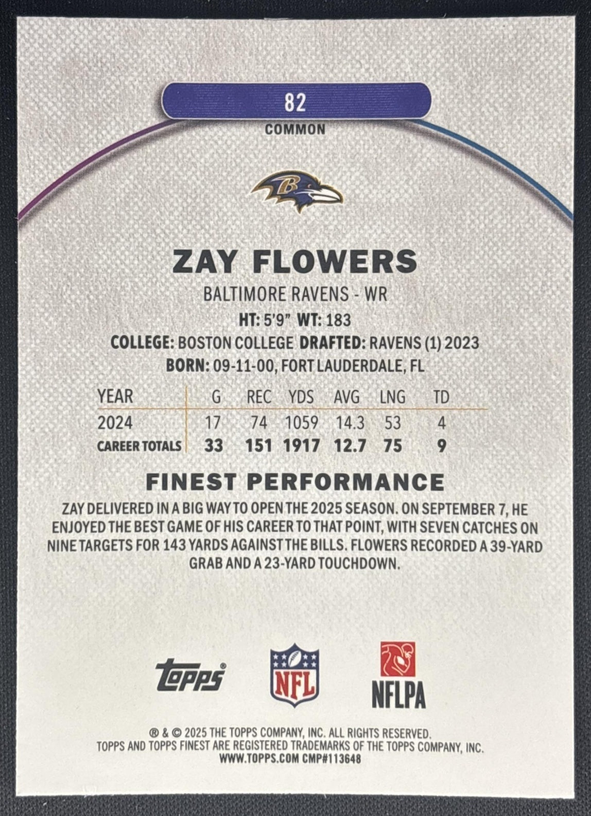 Zay Flowers 2025 Topps Finest Blue Refractor /200 Ravens back
