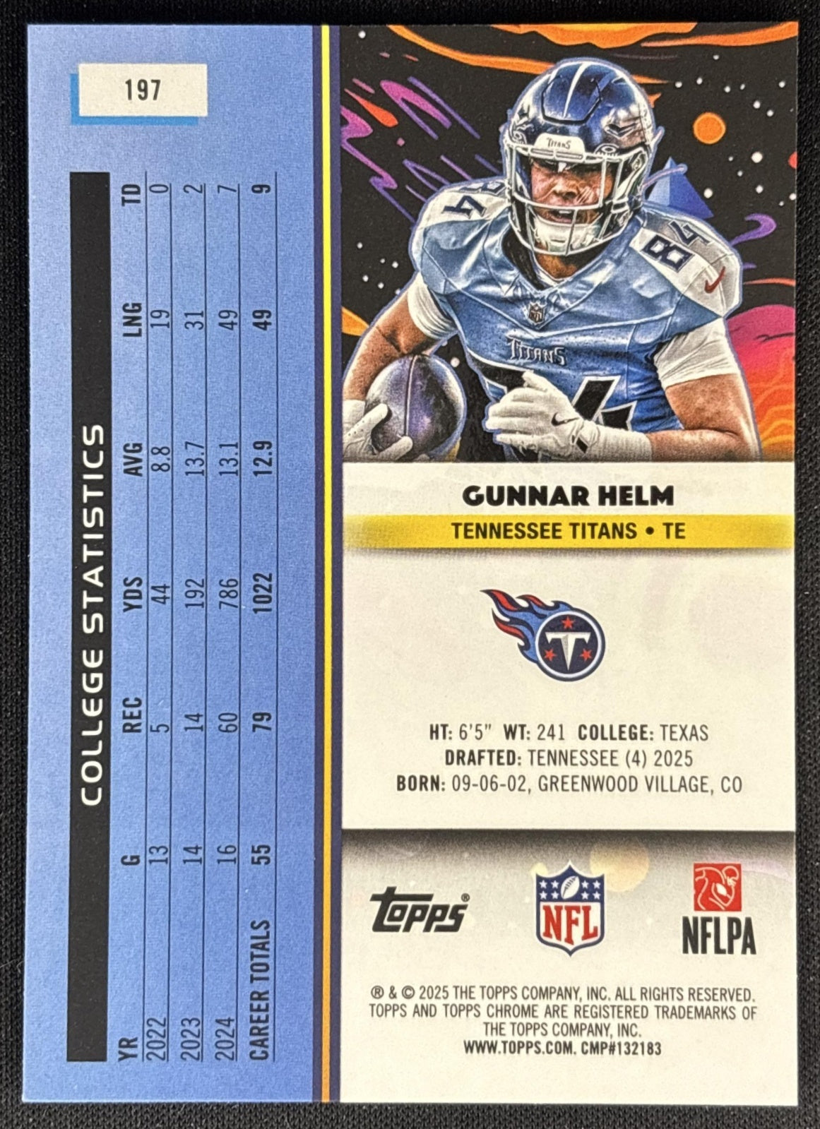 Gunnar Helm 2025 Topps Cosmic Chrome Titans back