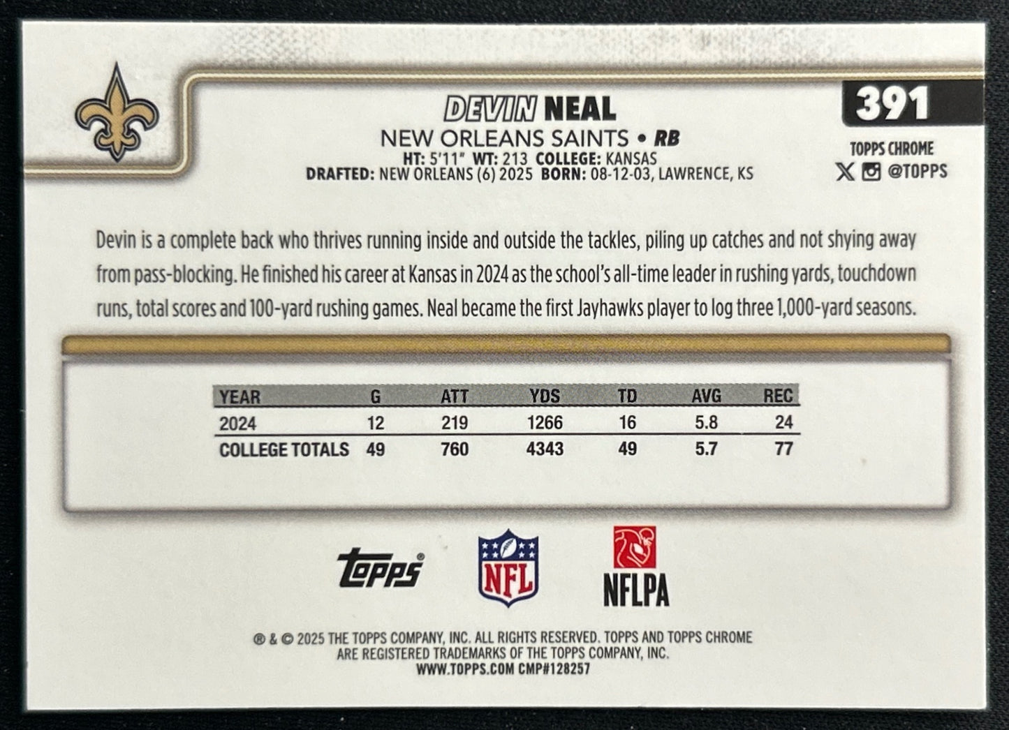 Devin Neal 2025 Topps Chrome Rookie Saints Sports Trading Cards