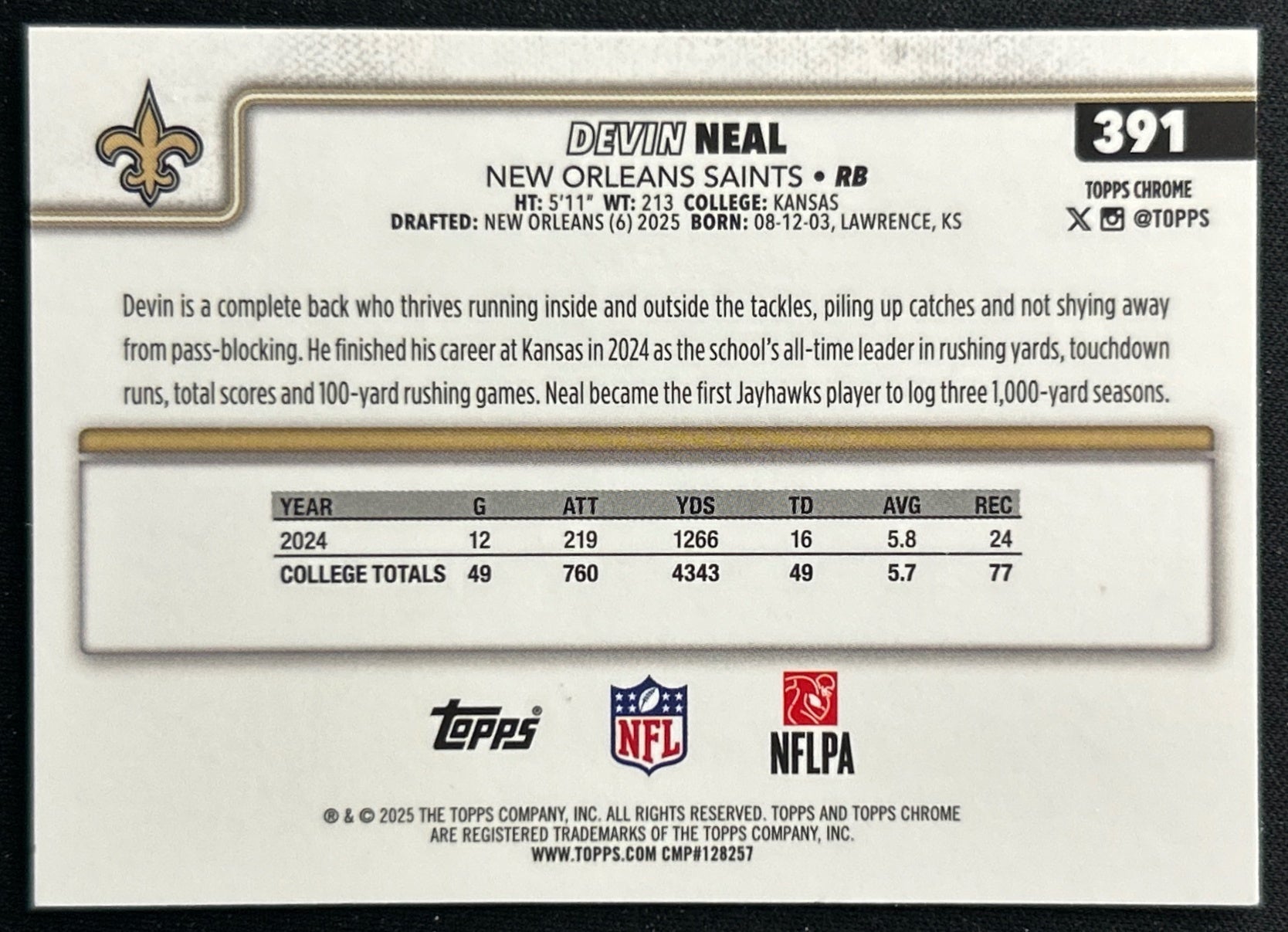 Devin Neal 2025 Topps Chrome Rookie Saints Sports Trading Cards