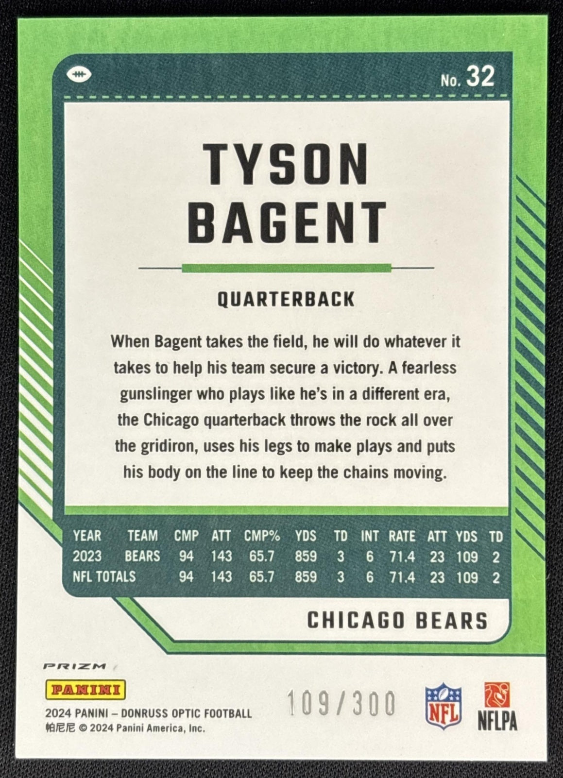 Tyson Bagent 2024 Panini Donruss Optic Wave /300 Bears Sports Trading Cards