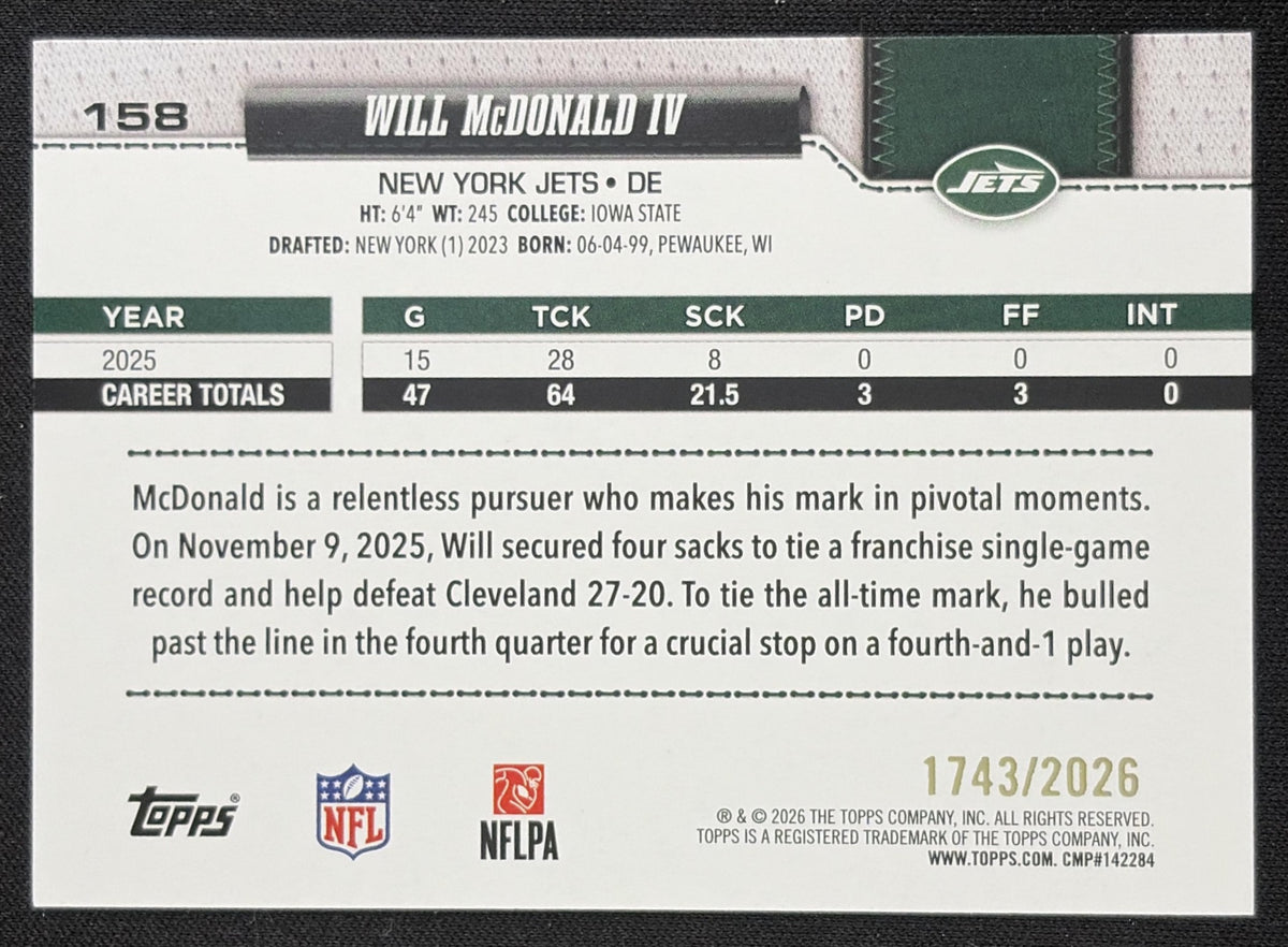 Will McDonald IV 2026 Topps Gold /2026 Jets