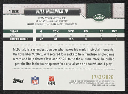 Will McDonald IV 2026 Topps Gold /2026 Jets