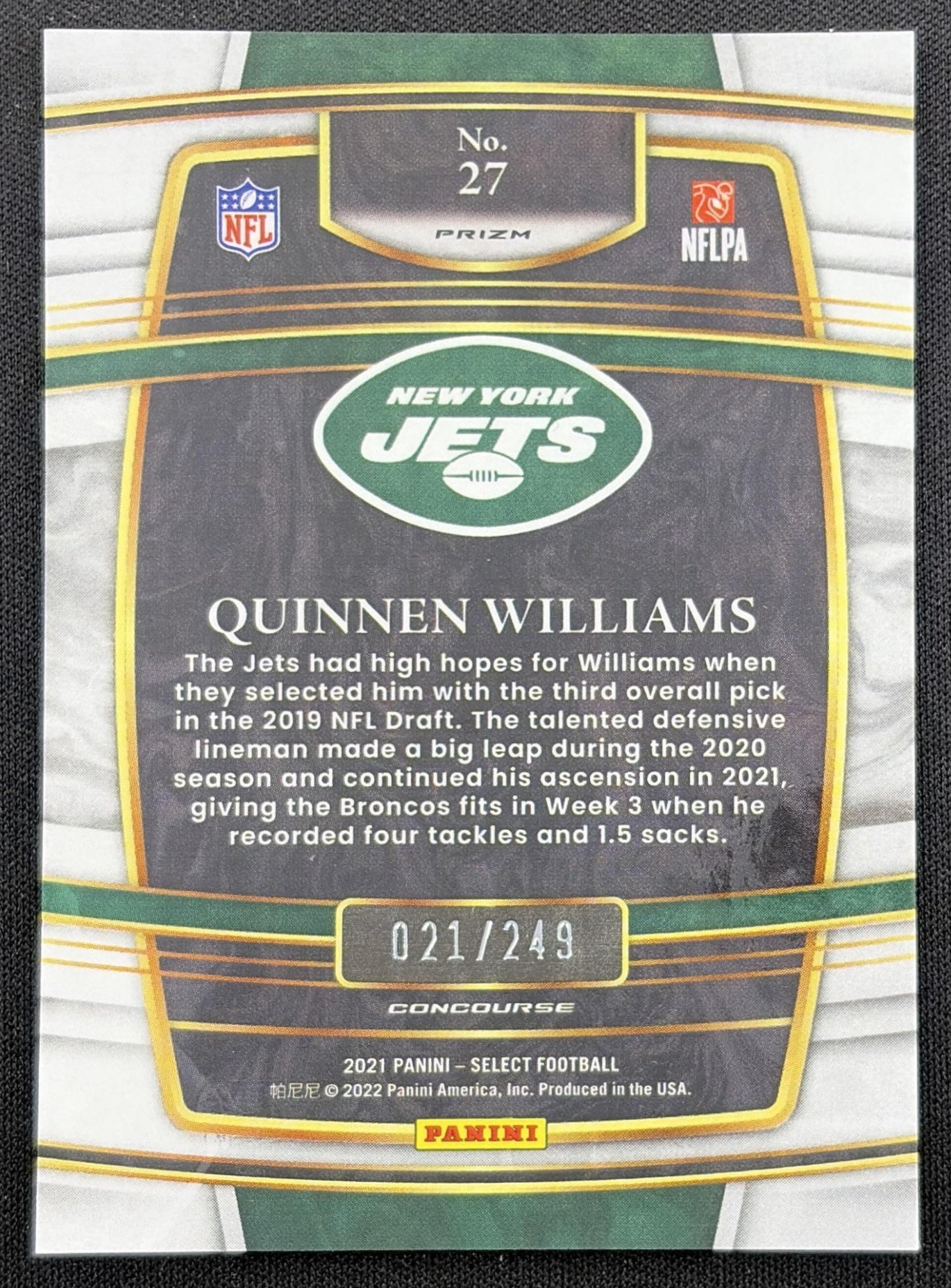Quinnen Williams 2021 Panini Select Tri Color Prizm /249 Jets New York Jets