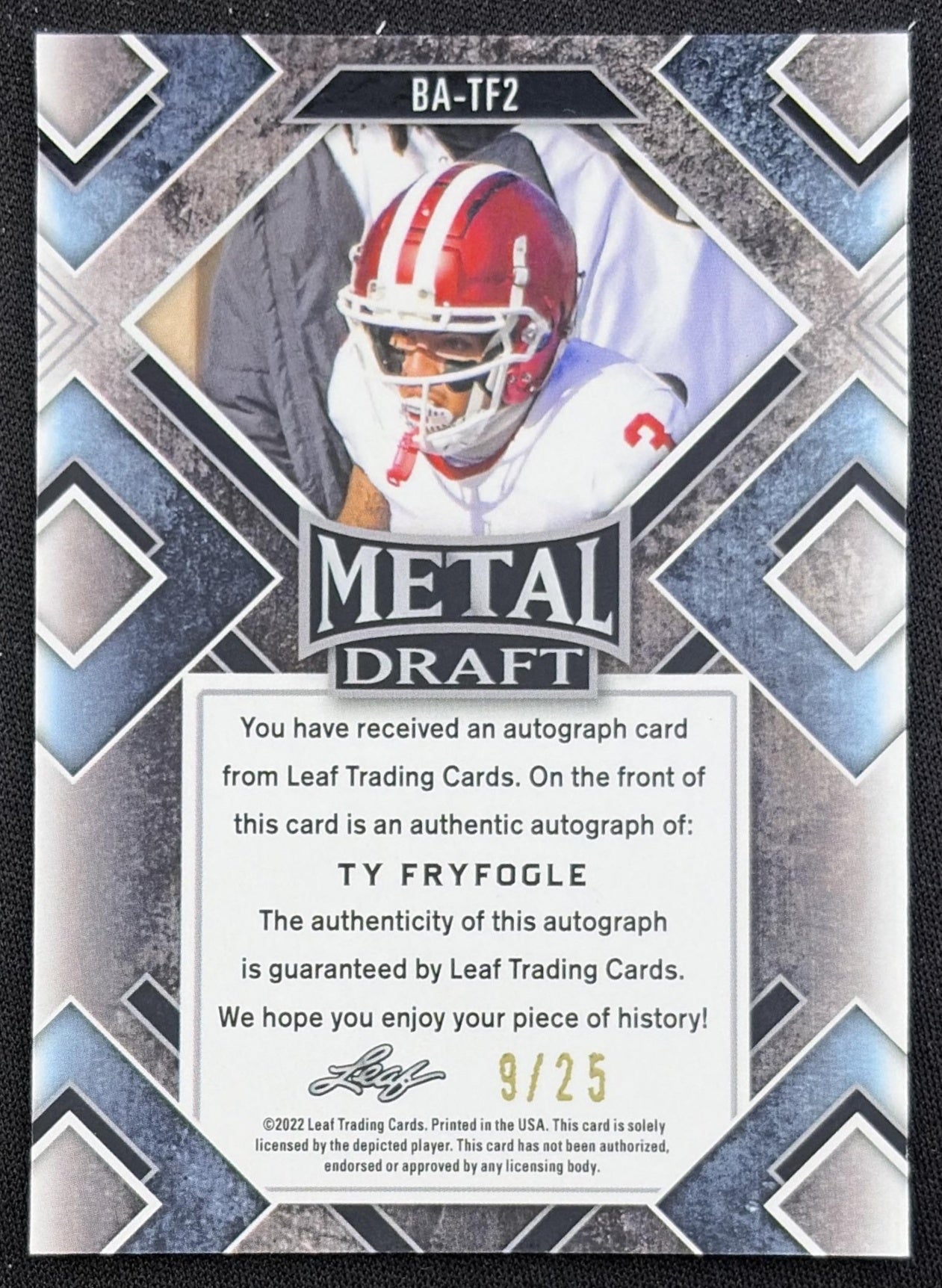 Ty Fryfogle 2022 Leaf Metal Draft Auto Crystal Silver /25 Hoosiers