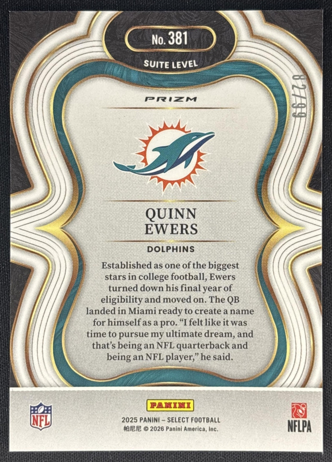 Quinn Ewers 2025 Panini Select Suite Level Blue Prizm /99 Dolphins back