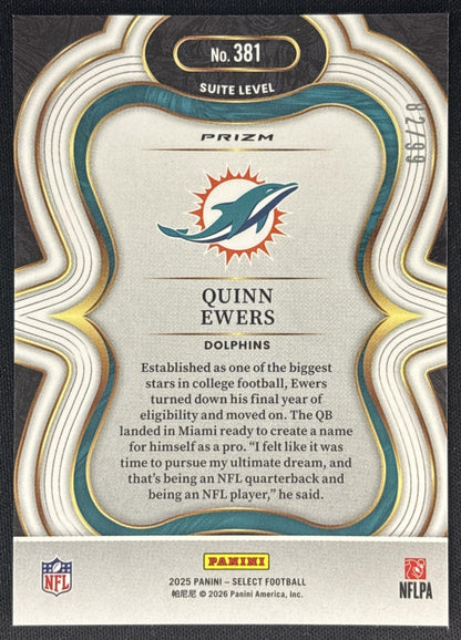 Quinn Ewers 2025 Panini Select Suite Level Blue Prizm /99 Dolphins back