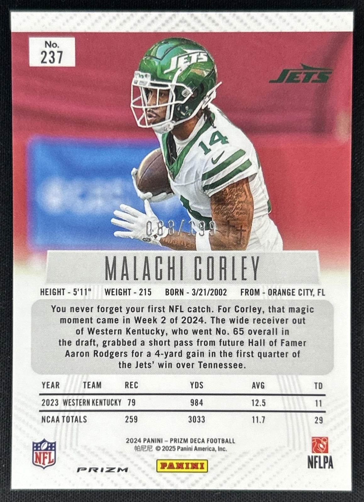 Malachi Corley 2024 Panini Prizm Deca Red /199 Jets back