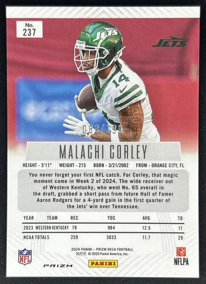 Malachi Corley 2024 Panini Prizm Deca Red /199 Jets back