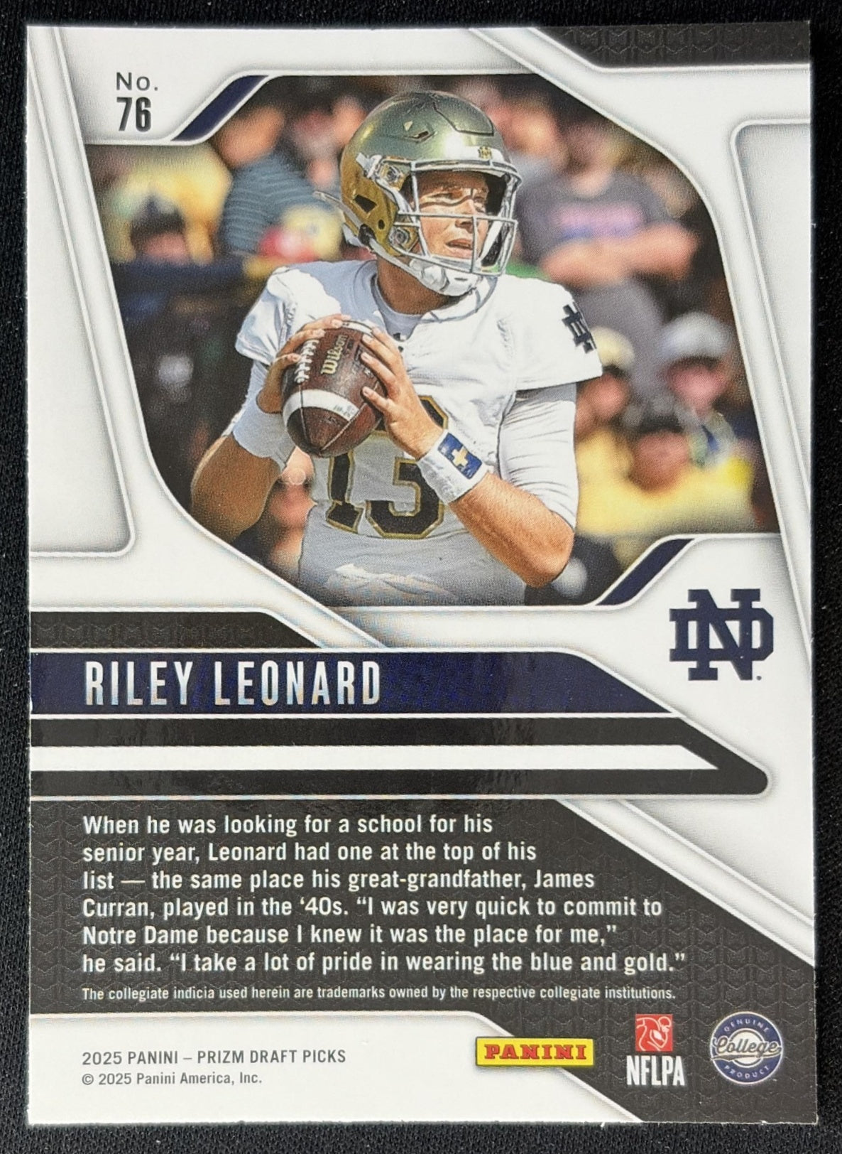Riley Leonard 2025 Panini Prizm Draft Picks Fighting Irish back