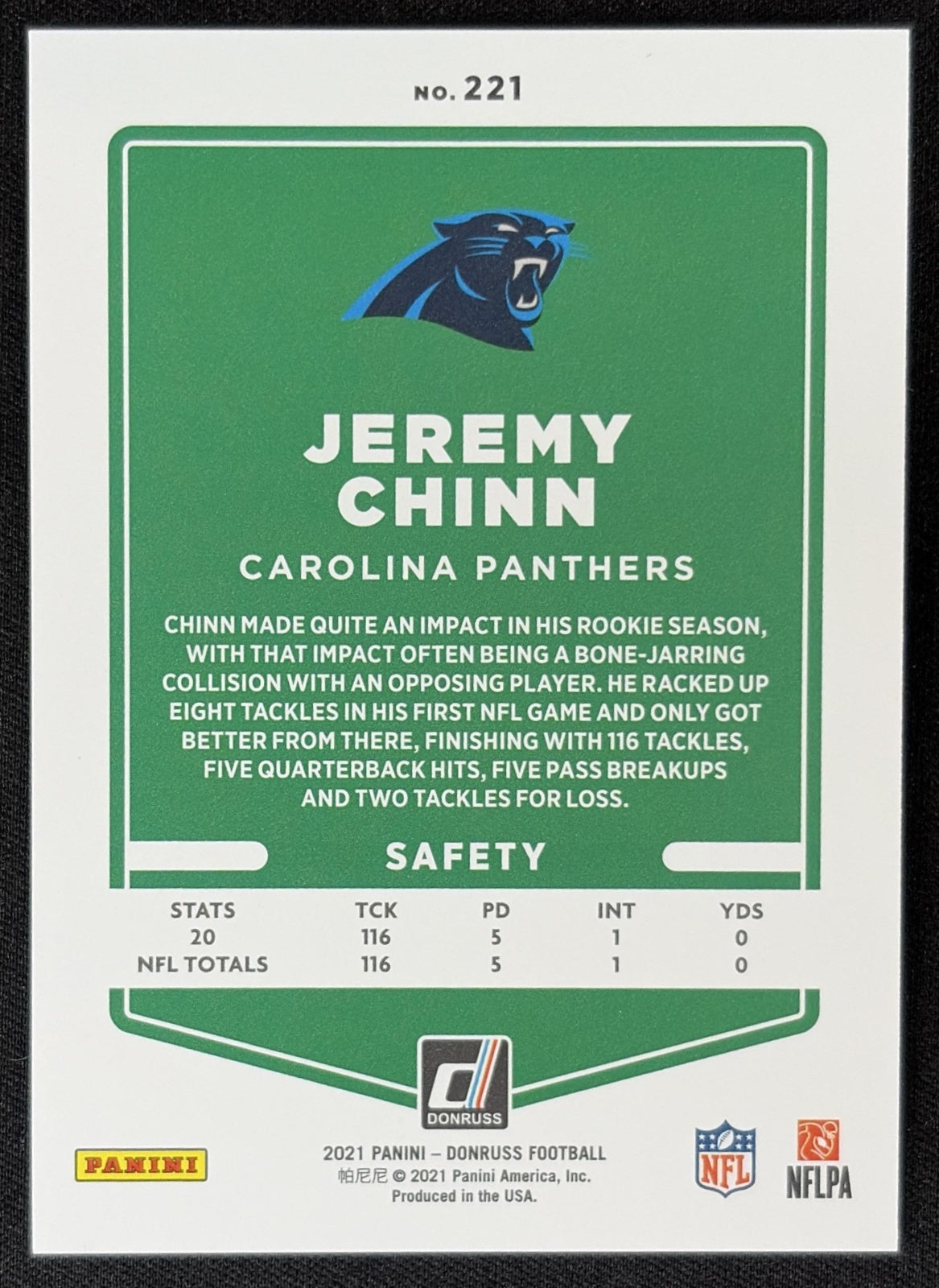 Jeremy Chinn 2021 Panini Donruss Press Proof Premium Panthers Sports Trading Card