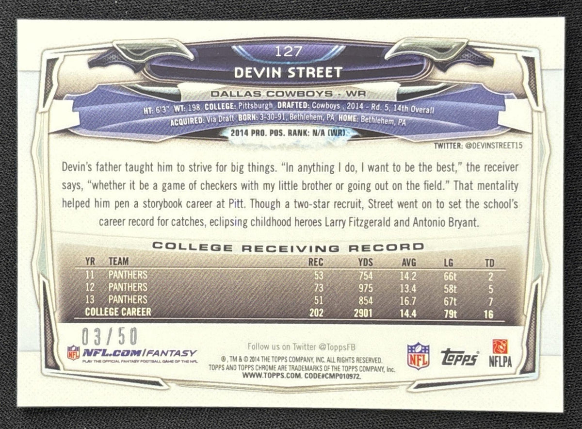 Devin Street 2014 Topps Chrome Gold Refractor /50 Cowboys