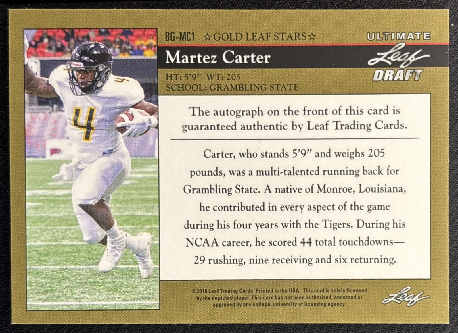 Martez Carter 2018 Leaf Draft Auto Black /15 back