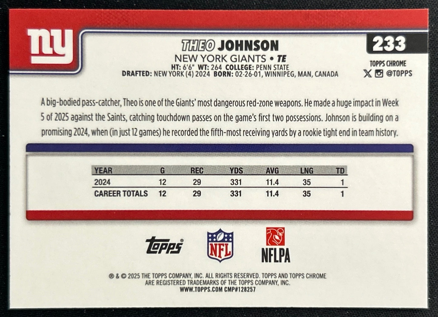 Theo Johnson 2025 Topps Chrome Giants Sports Trading Cards