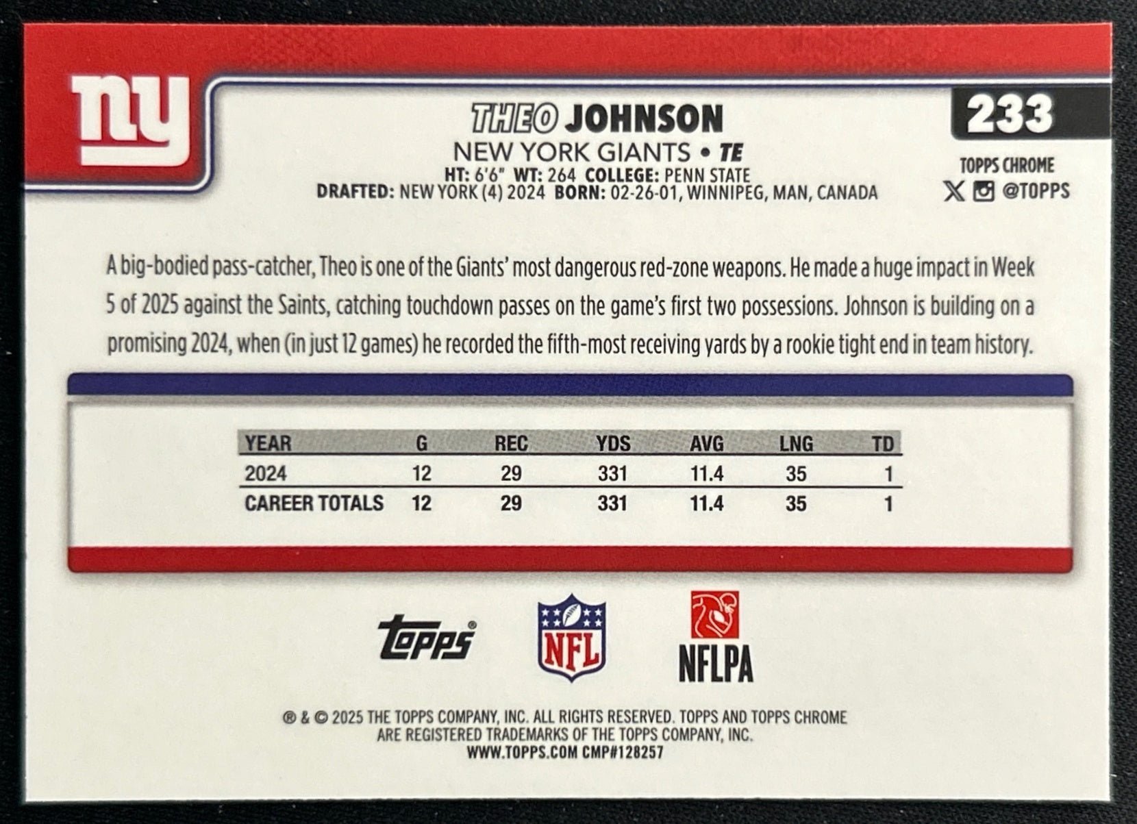 Theo Johnson 2025 Topps Chrome Giants Sports Trading Cards