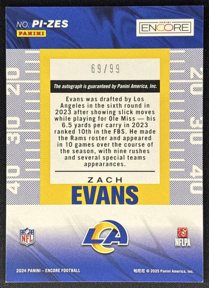 Zach Evans 2024 Panini Encore Pinnacle Inscriptions /99 Rams back