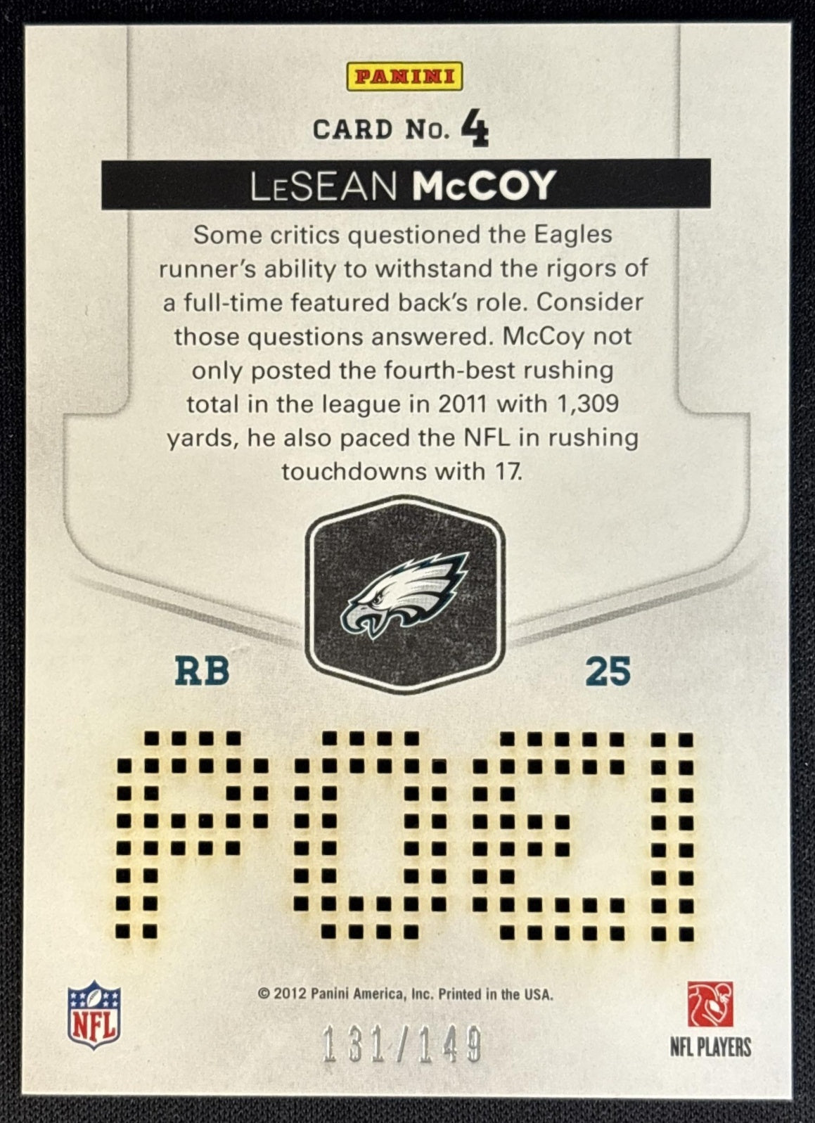 LeSean McCoy 2012 Panini Elite Prime Numbers Gold /149 Eagles back