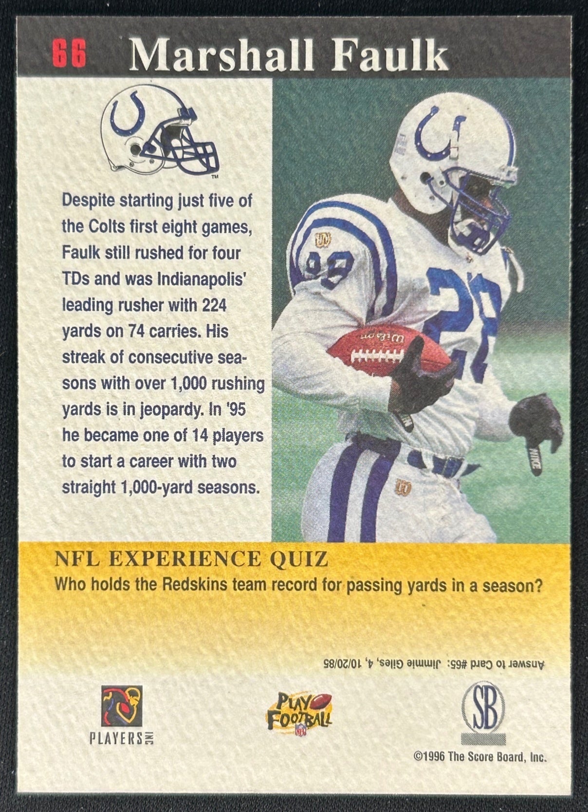 Marshall Faulk 1996 Experience Colts Sports Trading Cards