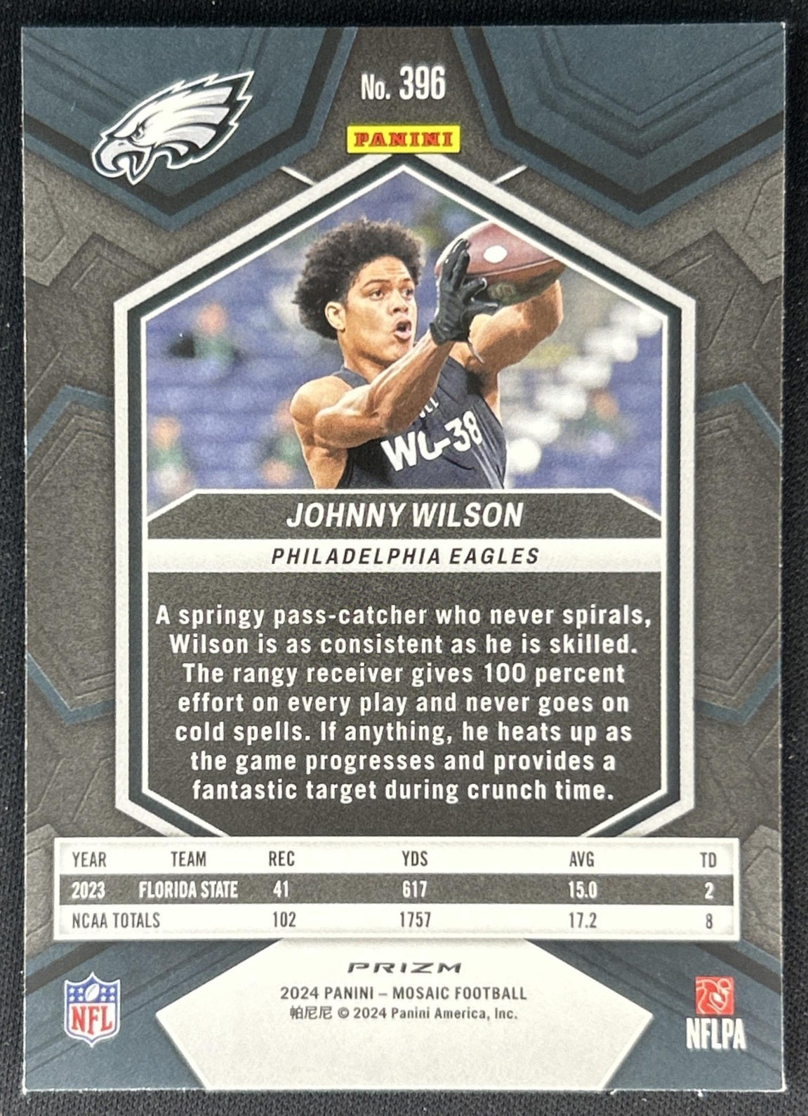 Johnny Wilson 2024 Panini Mosaic Red Sparkle Prizm Eagles back