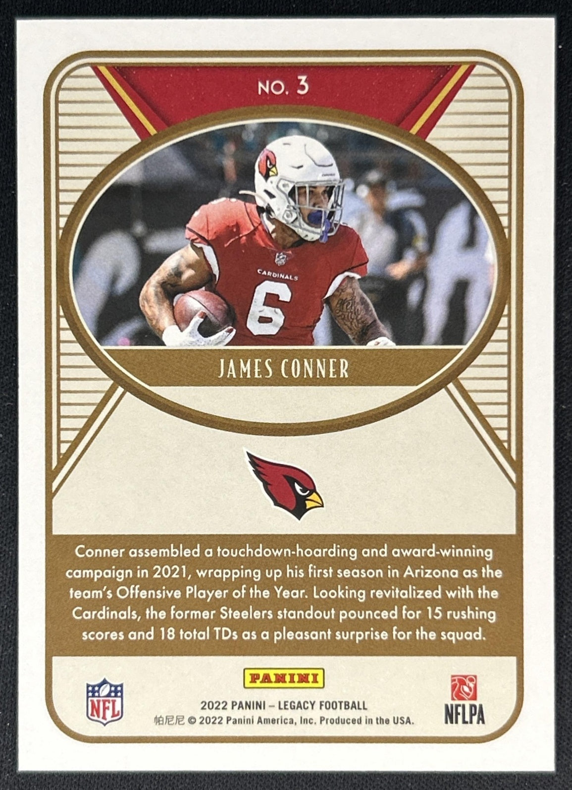 James Conner 2022 Panini Legacy Orange /199 Cardinals back