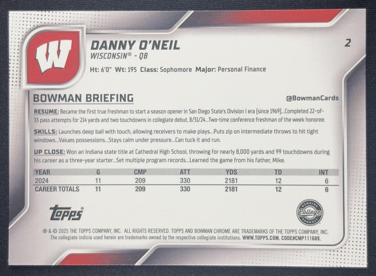 Danny O'Neil 2025 Bowman Chrome University Prospects Blue Refractor /150 Badgers