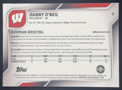 Danny O'Neil 2025 Bowman Chrome University Prospects Blue Refractor /150 Badgers