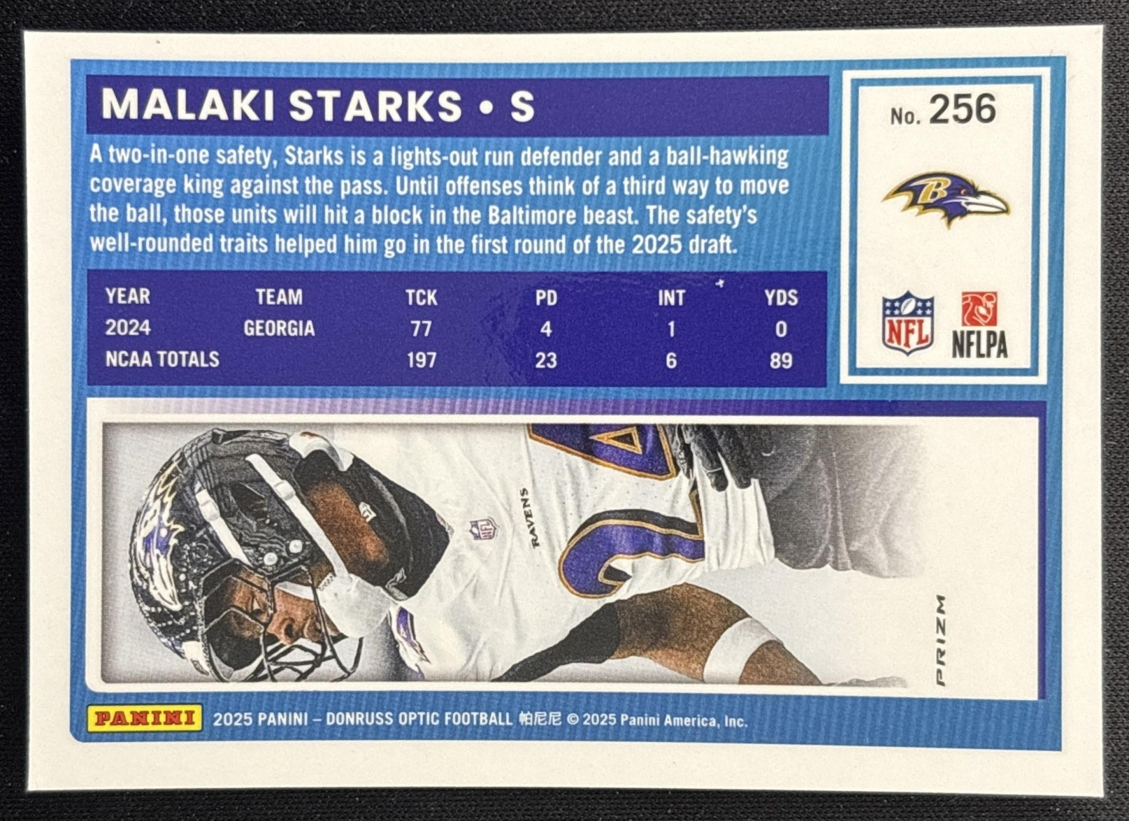 Malaki Starks 2025 Panini Donruss Optic Rated Rookie Purple Shock Prizm Ravens back