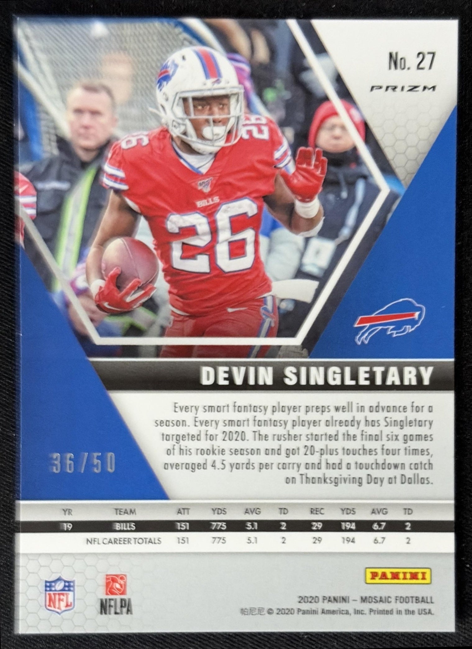 Devin Singletary 2020 Panini Mosaic No Huddle Prizm Purple /50 Bills