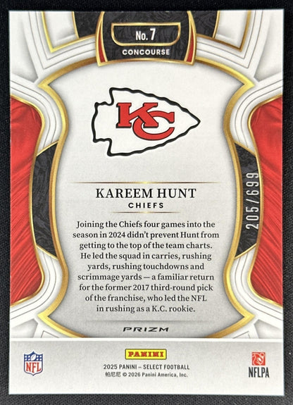 Kareem Hunt 2025 Panini Select Concourse Neon Green Prizm Shock /699 Chiefs Sports Trading Cards