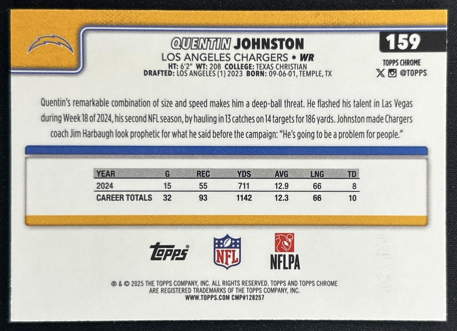 Quentin Johnston 2025 Topps Chrome Pink Refractor /250 Chargers back