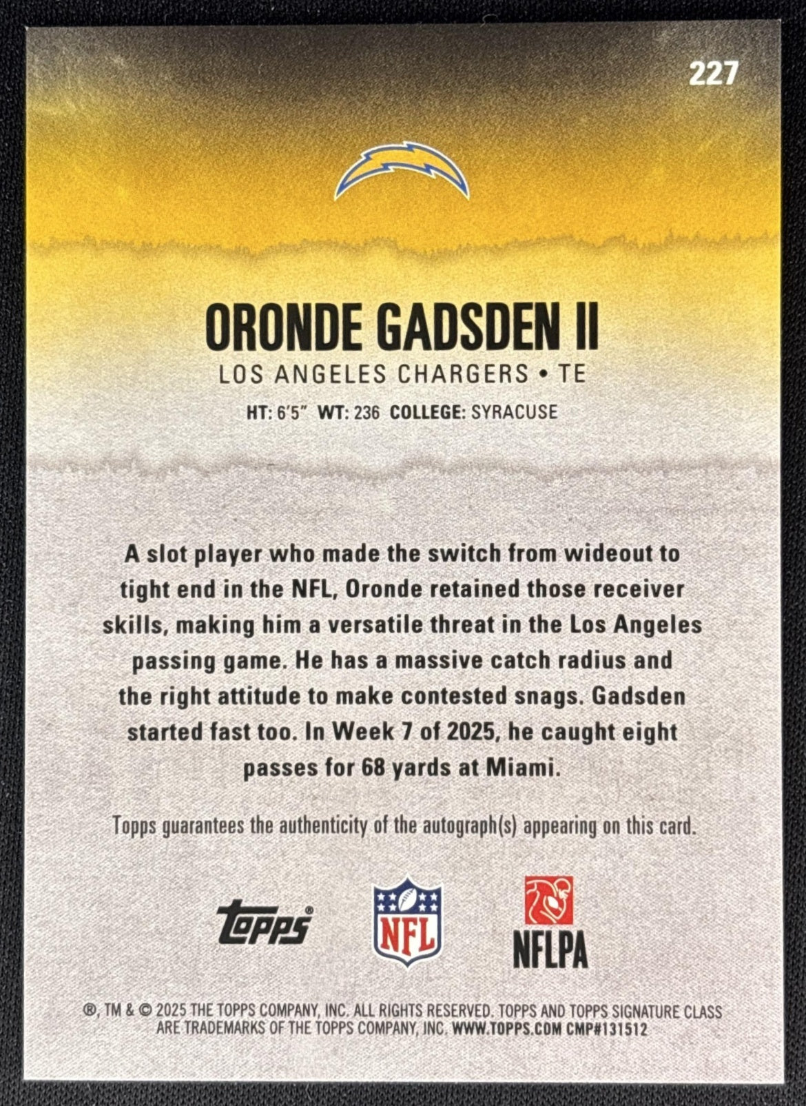 Oronde Gadsden II 2025 Topps Signature Class Rookie Auto Chargers back