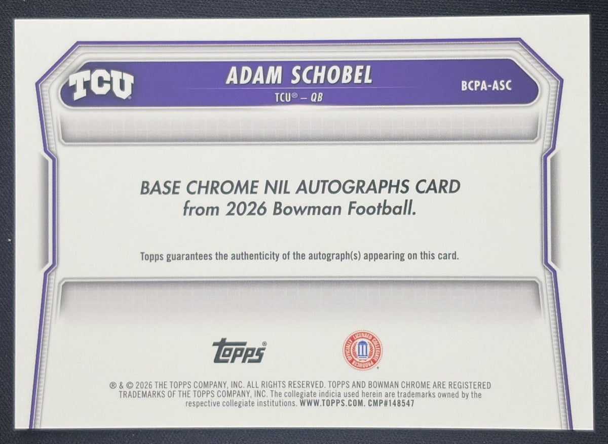 Adam Schobel 2026 Bowman Chrome Prospect Auto Green Mojo Refractor /99 Horned Frogs Sports Trading Card