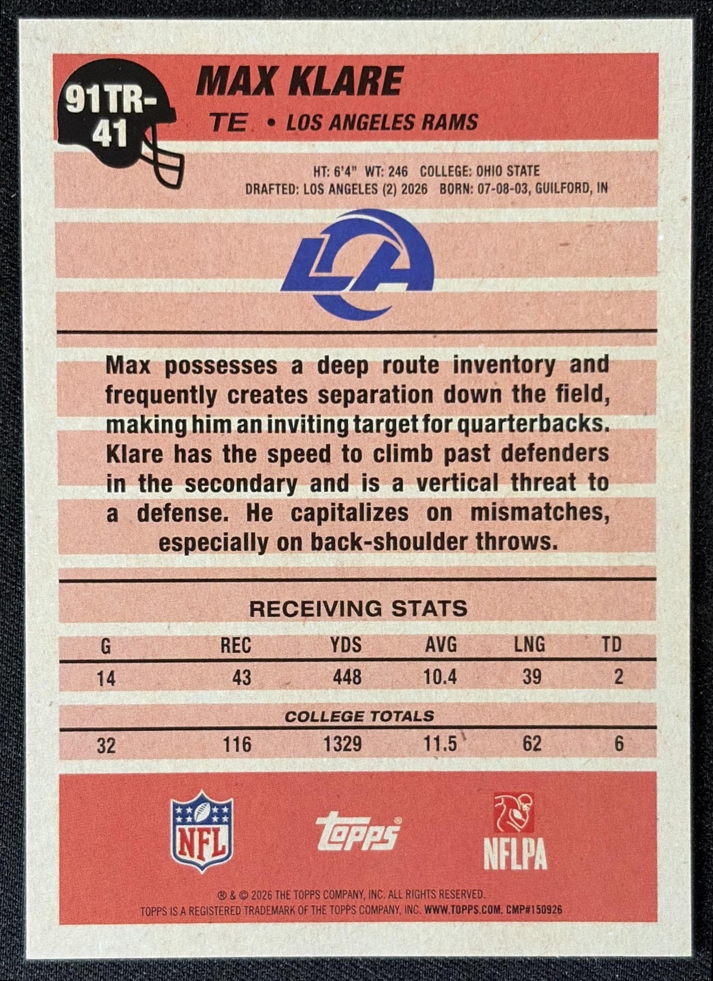 Max Klare 2026 Topps 1991 Rookie Rams back