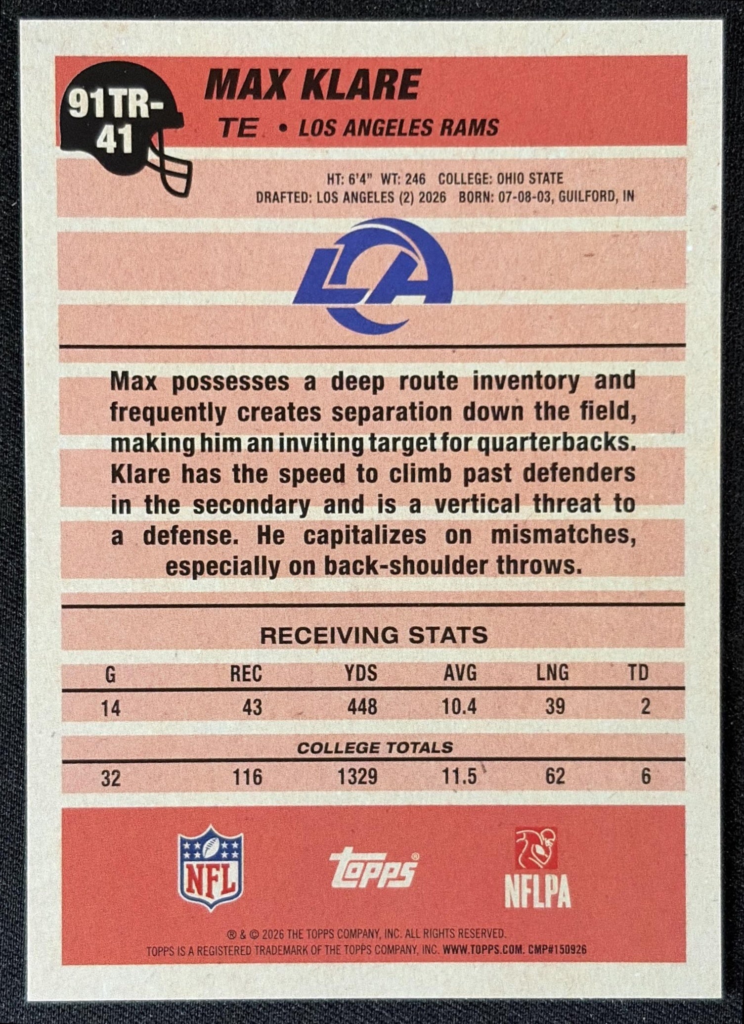 Max Klare 2026 Topps 1991 Rookie Rams back
