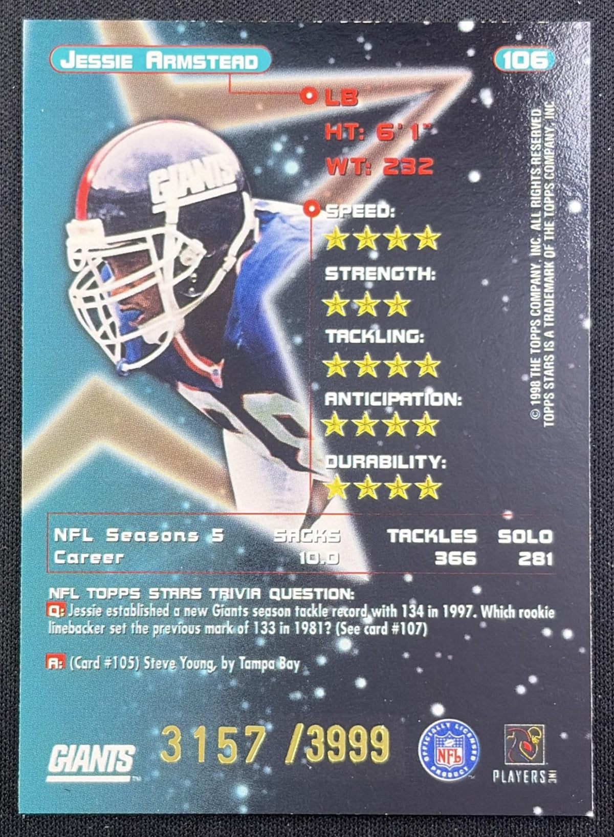 Jessie Armstead 1998 Topps Stars Silver Star /3999 Giants New York Giants