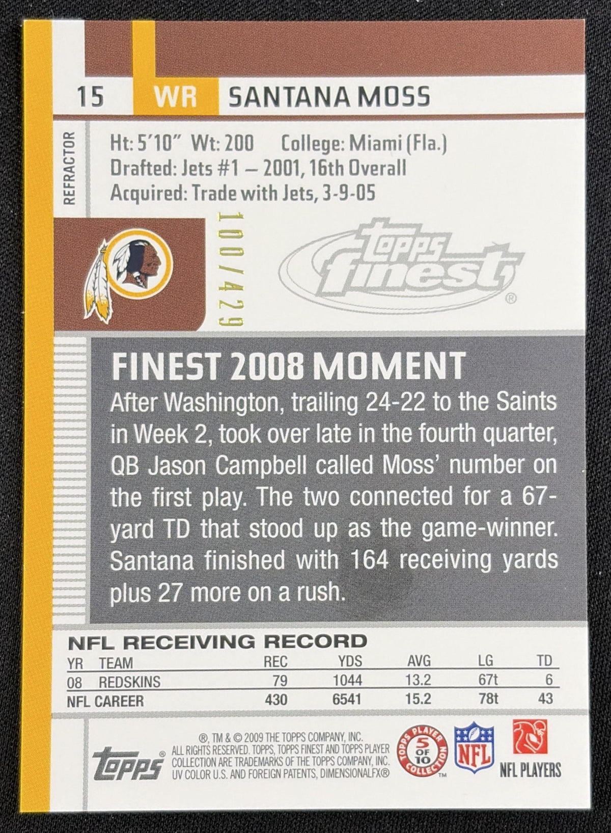 Santana Moss 2009 Topps Finest Blue Refractor /429 Redskins