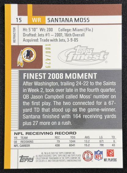 Santana Moss 2009 Topps Finest Blue Refractor /429 Redskins