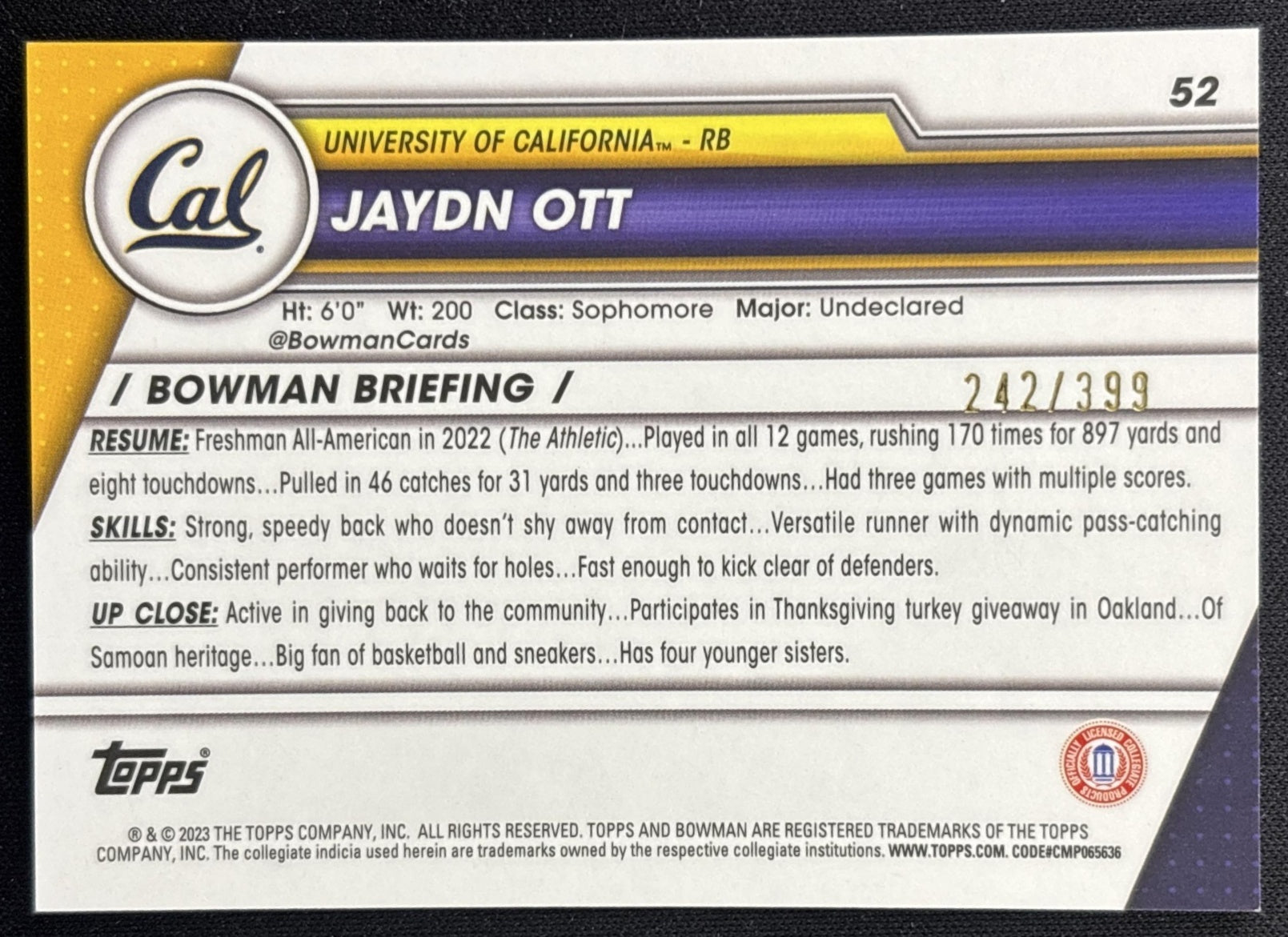 Jaydn Ott 2023 University Chrome Purple Mini Diamond Refractor /399 Golden Bears back