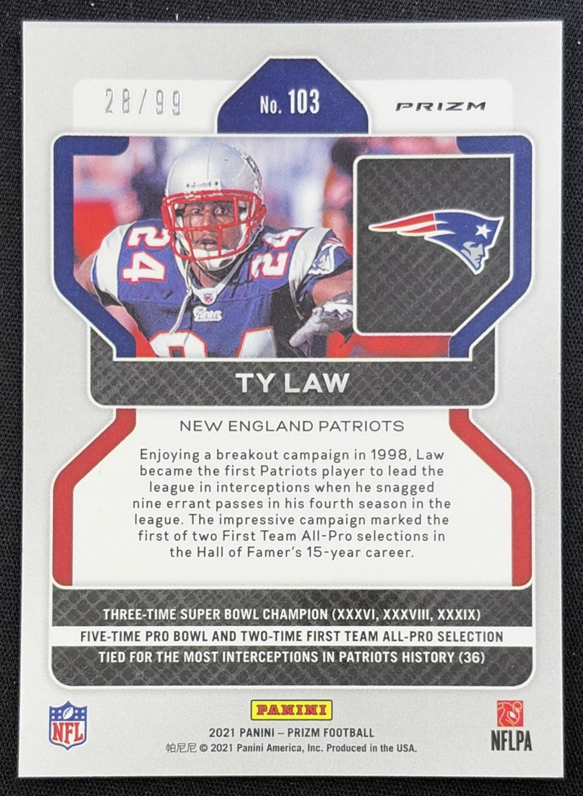 Ty Law 2021 Panini Prizm Blue Ice /99 Patriots