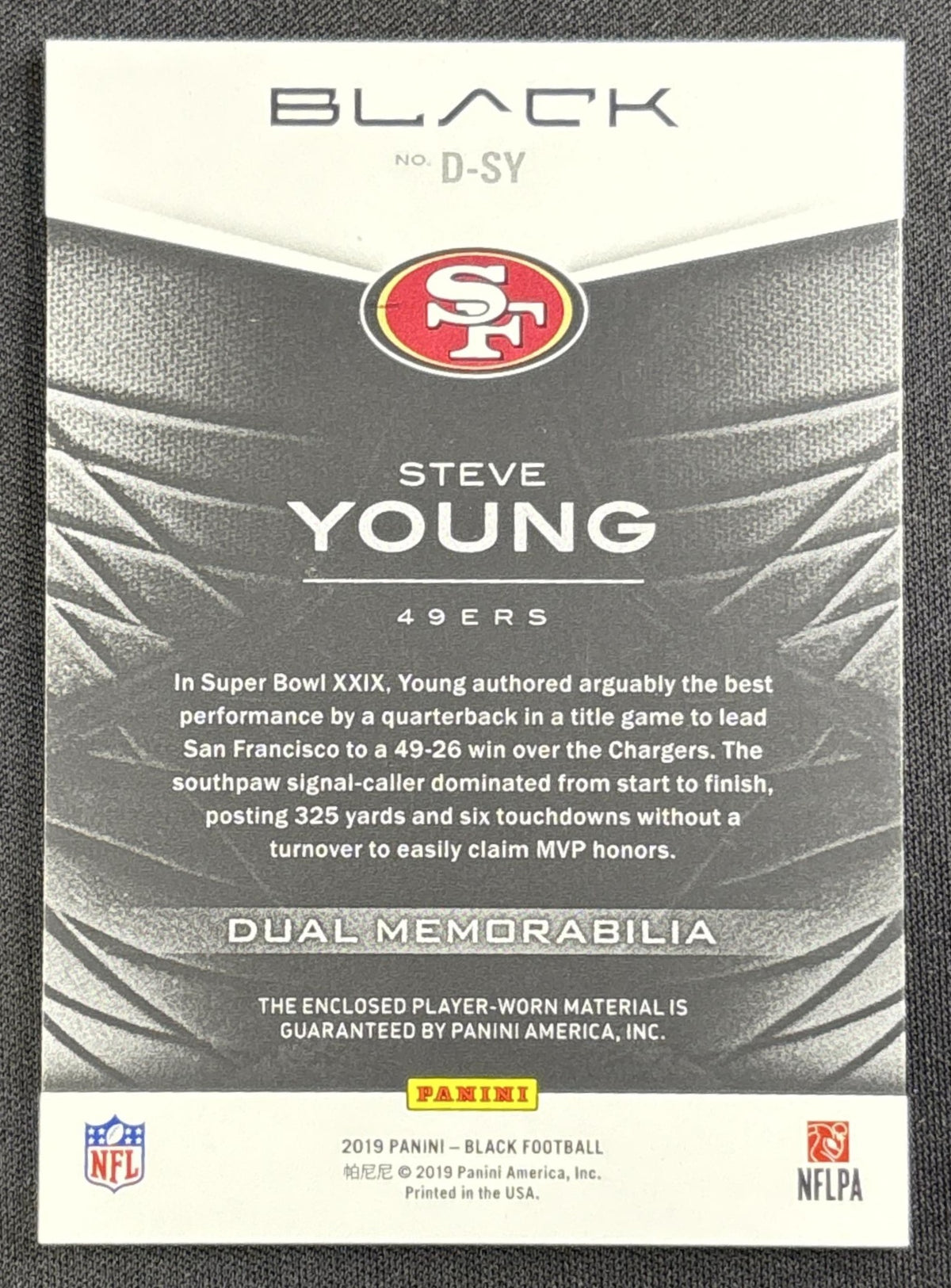 Steve Young 2019 Panini Black Dual Memorabilia /75 49ers