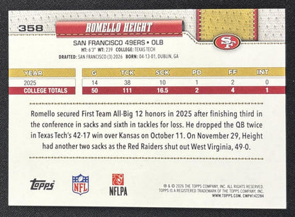 Romello Height 2026 Topps Aqua Rainbow Foil 49ers