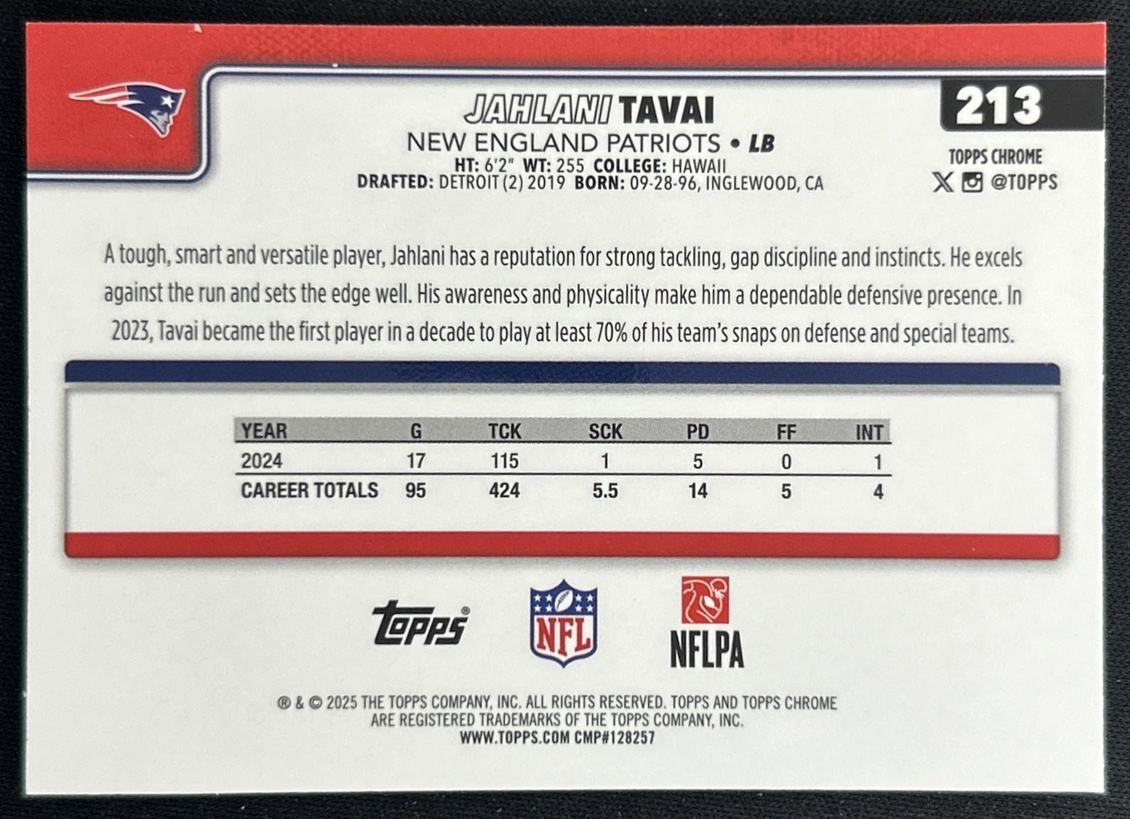 Jahlani Tavai 2025 Topps Chrome Teal Refractor /299 Patriots