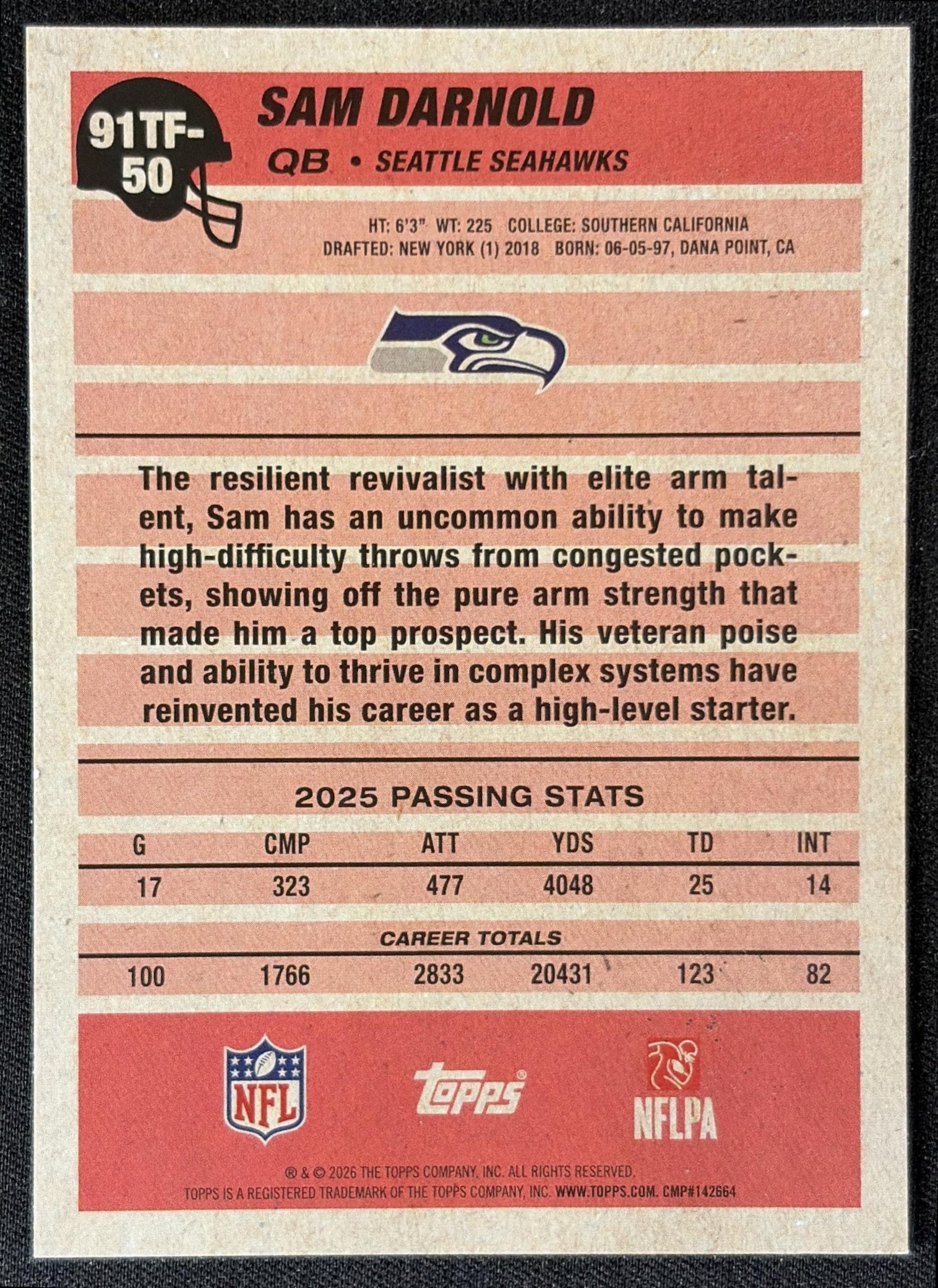 Sam Darnold 2026 Topps 1991 Seahawks back